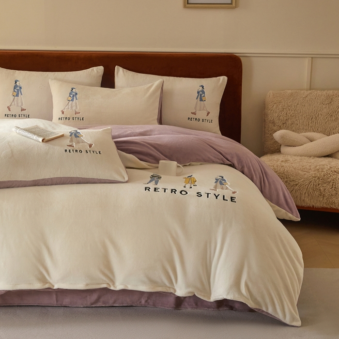 91家纺网 家纺一手货源 找家纺 ONE TWO ONE 121 新品【牛奶绒刺绣四件套】2025毛毯被子四件套单件床单被套床笠珊瑚绒牛奶绒冬被法兰绒兔毛绒 baby-浅紫