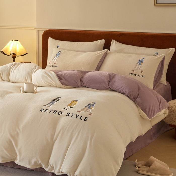 91家纺网 家纺一手货源 找家纺 ONE TWO ONE 121 新品【牛奶绒刺绣四件套】2025毛毯被子四件套单件床单被套床笠珊瑚绒牛奶绒冬被法兰绒兔毛绒 baby-浅紫