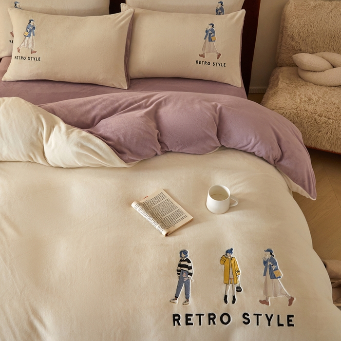 91家纺网 家纺一手货源 找家纺 ONE TWO ONE 121 新品【牛奶绒刺绣四件套】2025毛毯被子四件套单件床单被套床笠珊瑚绒牛奶绒冬被法兰绒兔毛绒 baby-浅紫