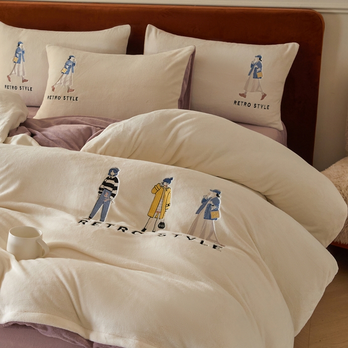 91家纺网 家纺一手货源 找家纺 ONE TWO ONE 121 新品【牛奶绒刺绣四件套】2025毛毯被子四件套单件床单被套床笠珊瑚绒牛奶绒冬被法兰绒兔毛绒 baby-浅紫