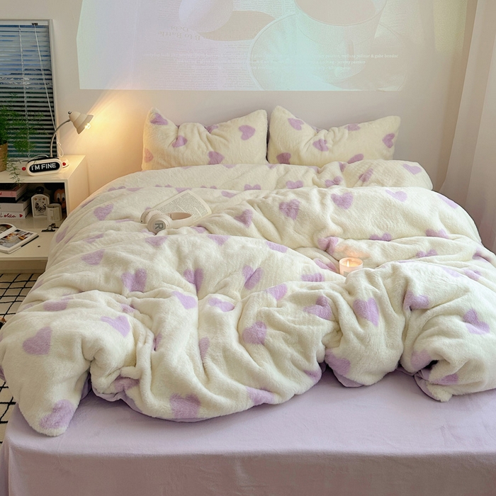 91家纺网 家纺一手货源 找家纺 （总）雅居纺家纺 2025新款高克重兔绒印花四件套-爱心