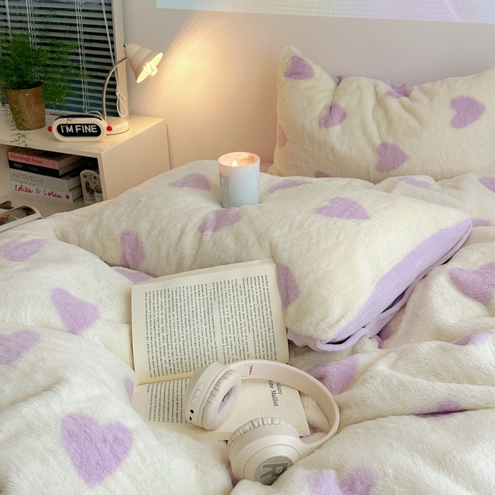 91家纺网 家纺一手货源 找家纺 雅居纺家纺 2025新款高克重兔绒印花四件套-爱心 爱心-紫