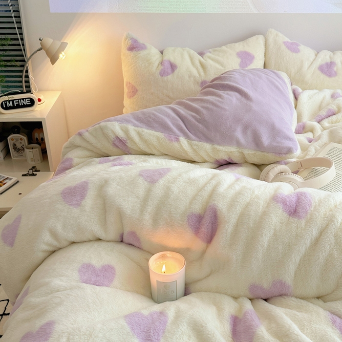 91家纺网 家纺一手货源 找家纺 雅居纺家纺 2025新款高克重兔绒印花四件套-爱心 爱心-紫