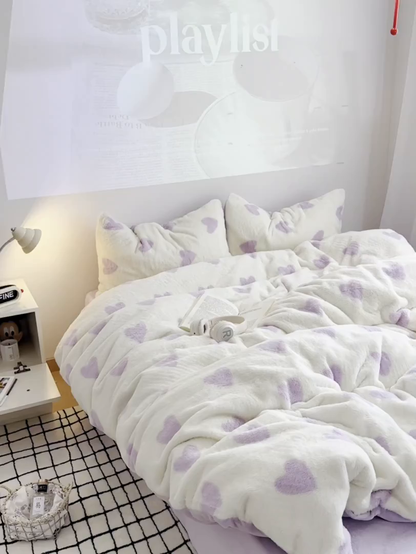 91家纺网 家纺一手货源 找家纺 雅居纺家纺 2025新款高克重兔绒印花四件套-爱心 爱心-紫