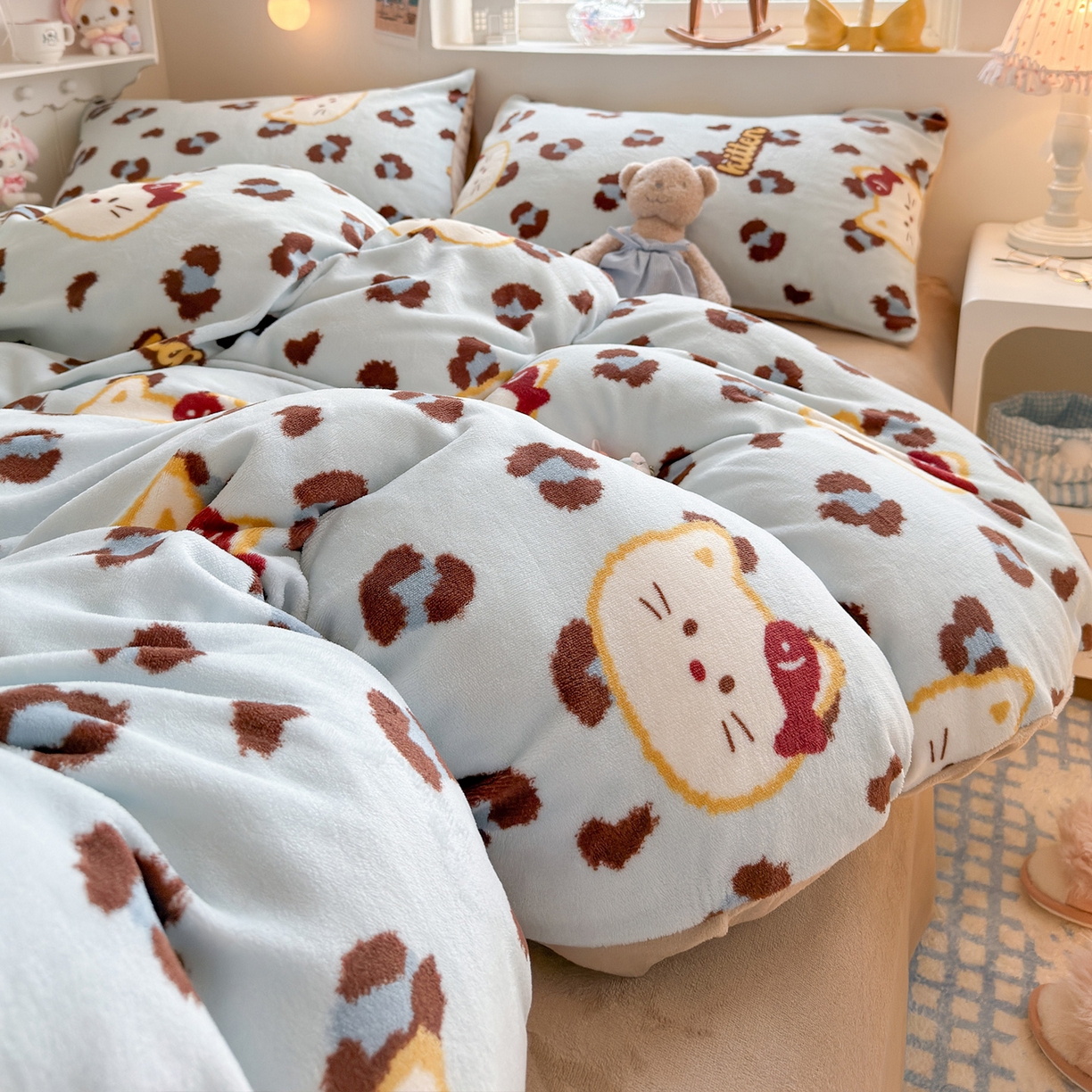 91家纺网 家纺一手货源 找家纺 罗亿家纺 2025新款ins小清新少女奶油卡通可爱加厚200克牛奶绒四件套【3.6公斤】（小红书推荐） 喵吃鱼-蓝