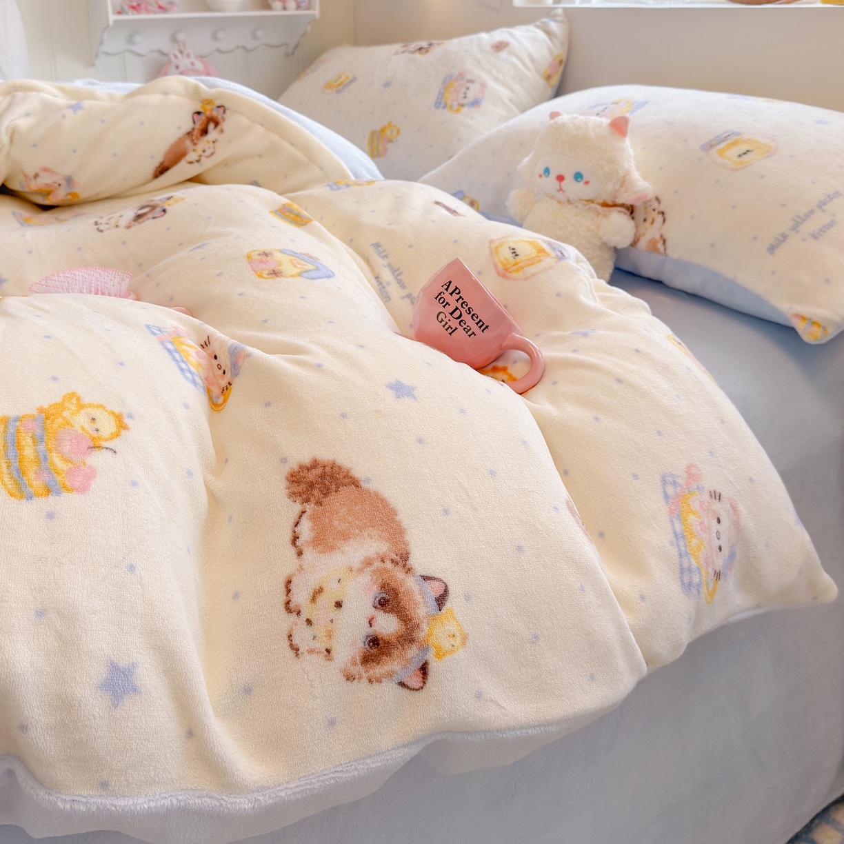 91家纺网 家纺一手货源 找家纺 罗亿家纺 2025新款ins小清新少女奶油卡通可爱加厚200克牛奶绒四件套【3.6公斤】（小红书推荐） 奶油猫咪