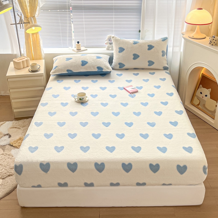 91家纺网 家纺一手货源 找家纺 雅居纺家纺 2025新款高克重兔绒印花单床笠-爱心 爱心-蓝