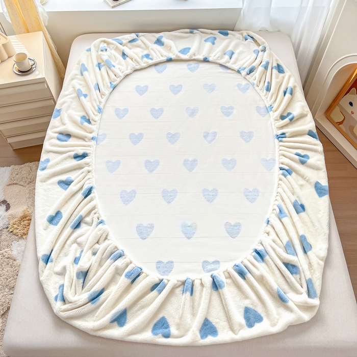 91家纺网 家纺一手货源 找家纺 雅居纺家纺 2025新款高克重兔绒印花单床笠-爱心 爱心-蓝