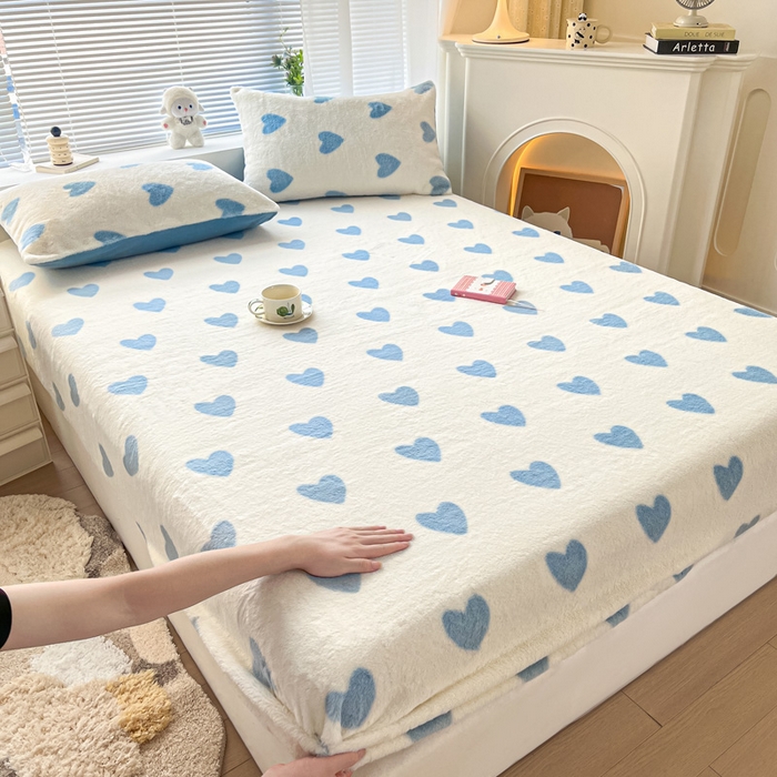 雅居纺家纺 2025新款高克重兔绒印花单床笠-爱心 爱心-蓝