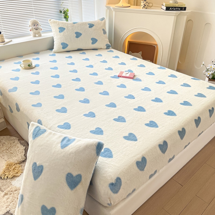 91家纺网 家纺一手货源 找家纺 雅居纺家纺 2025新款高克重兔绒印花单床笠-爱心 爱心-蓝