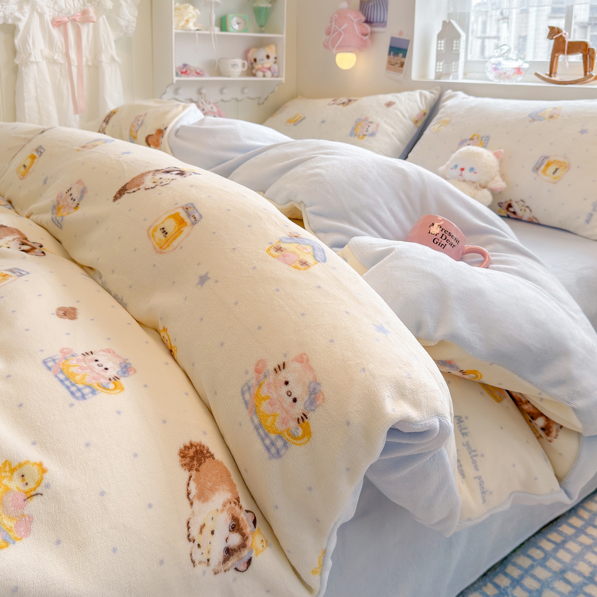 91家纺网 家纺一手货源 找家纺 罗亿家纺 2025新款ins小清新少女奶油卡通可爱加厚200克牛奶绒四件套【3.6公斤】（小红书推荐） 奶油猫咪