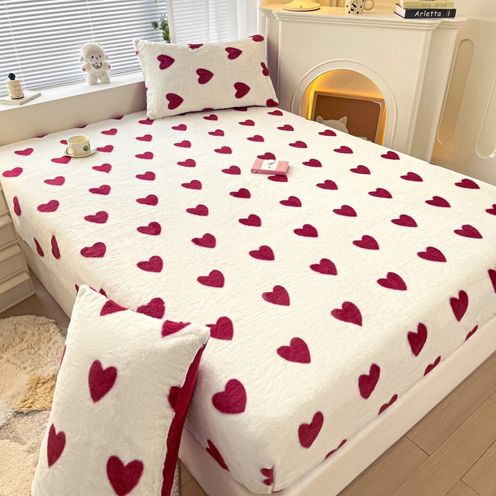 91家纺网 家纺一手货源 找家纺 雅居纺家纺 2025新款高克重兔绒印花单床笠-爱心 爱心-红
