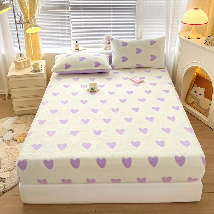 91家纺网 家纺一手货源 找家纺 雅居纺家纺 2025新款高克重兔绒印花单床笠-爱心 爱心-紫