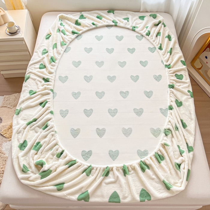 91家纺网 家纺一手货源 找家纺 雅居纺家纺 2025新款高克重兔绒印花单床笠-爱心 爱心-绿