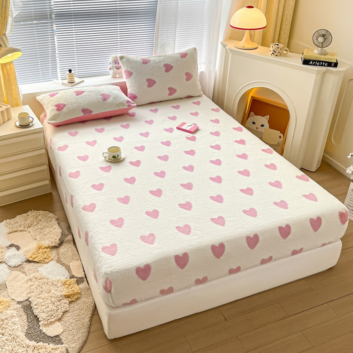 91家纺网 家纺一手货源 找家纺 雅居纺家纺 2025新款高克重兔绒印花单床笠-爱心 爱心-粉