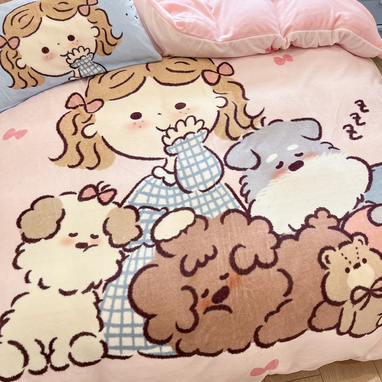 91家纺网 家纺一手货源 找家纺 桃子家居 2025新品A类正版授权miiiiichan咪酱大版卡通数码印花加厚牛奶绒系列四件套 绒大版-咪酱晚安女孩