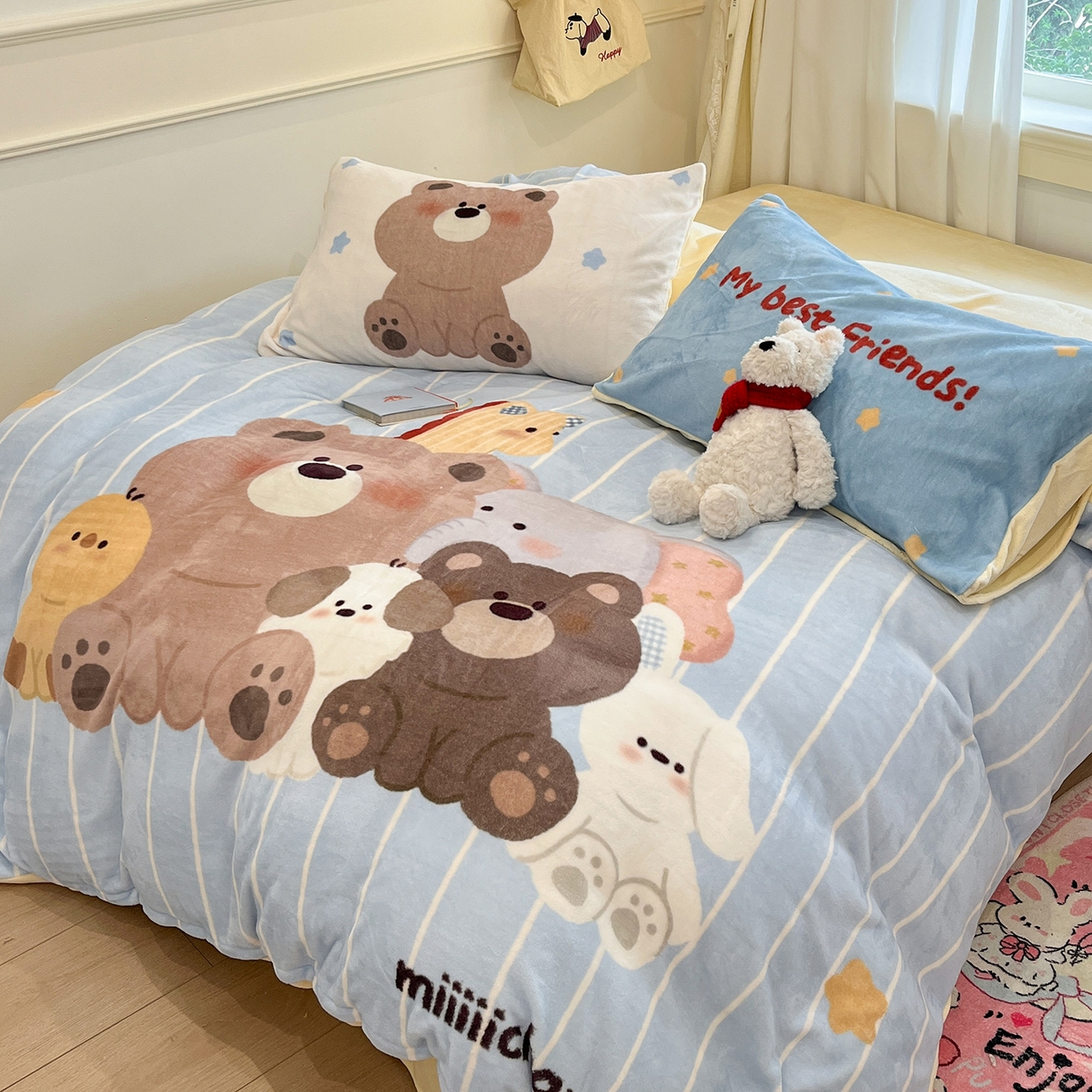 91家纺网 家纺一手货源 找家纺 桃子家居 2025新品A类正版授权miiiiichan咪酱大版卡通数码印花加厚牛奶绒系列四件套 绒大版-咪酱奶油伙伴