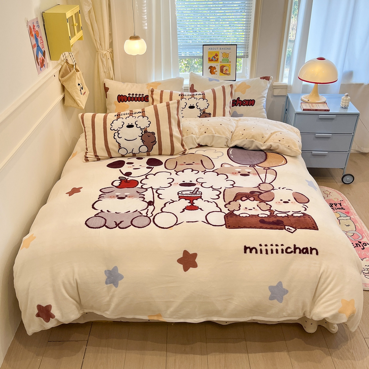 桃子家居 2025新品A类正版授权miiiiichan咪酱大版卡通数码印花加厚牛奶绒系列四件套 绒大版-咪酱星愿小狗