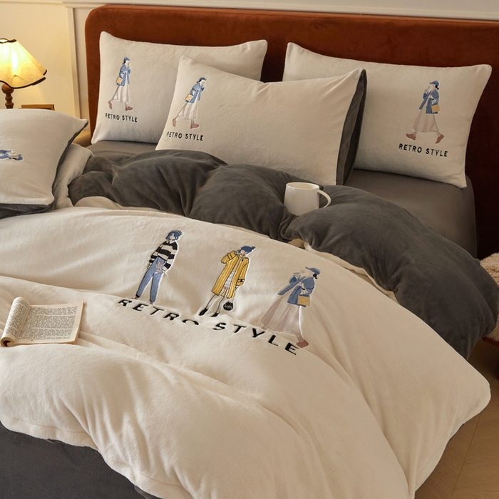 91家纺网 家纺一手货源 找家纺 ONE TWO ONE 121 新品【牛奶绒刺绣四件套】2025毛毯被子四件套单件床单被套床笠珊瑚绒牛奶绒冬被法兰绒兔毛绒 baby-深灰