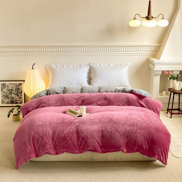 富馨莱 2025新款牛奶绒纯色双拼被套 绒双拼胭脂红+浅灰