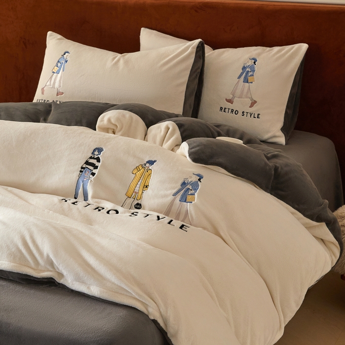 91家纺网 家纺一手货源 找家纺 ONE TWO ONE 121 新品【牛奶绒刺绣四件套】2025毛毯被子四件套单件床单被套床笠珊瑚绒牛奶绒冬被法兰绒兔毛绒 baby-深灰