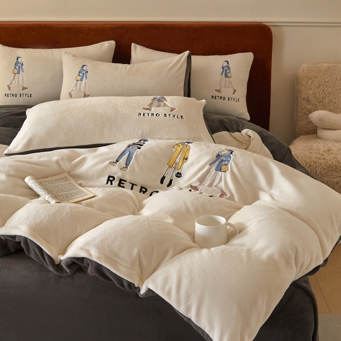 91家纺网 家纺一手货源 找家纺 ONE TWO ONE 121 新品【牛奶绒刺绣四件套】2025毛毯被子四件套单件床单被套床笠珊瑚绒牛奶绒冬被法兰绒兔毛绒 baby-深灰