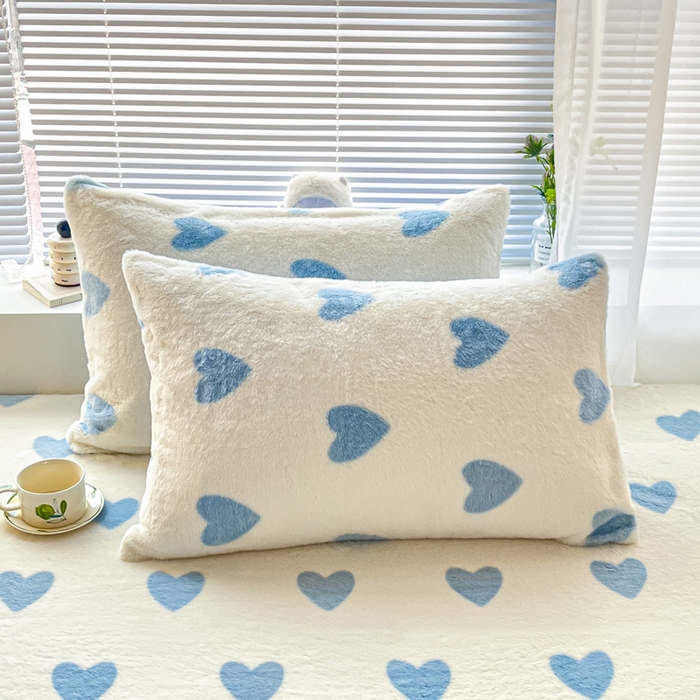 雅居纺家纺 2025新款高克重兔绒印花单枕套-爱心 爱心-蓝
