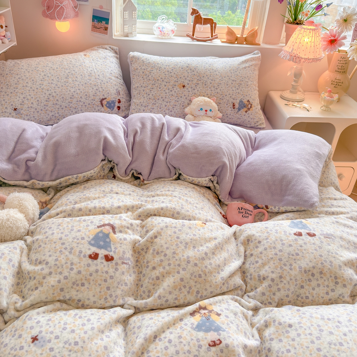 罗亿家纺 2025新款ins小清新少女奶油卡通可爱加厚200克牛奶绒四件套【3.6公斤】（小红书推荐） 楠笙