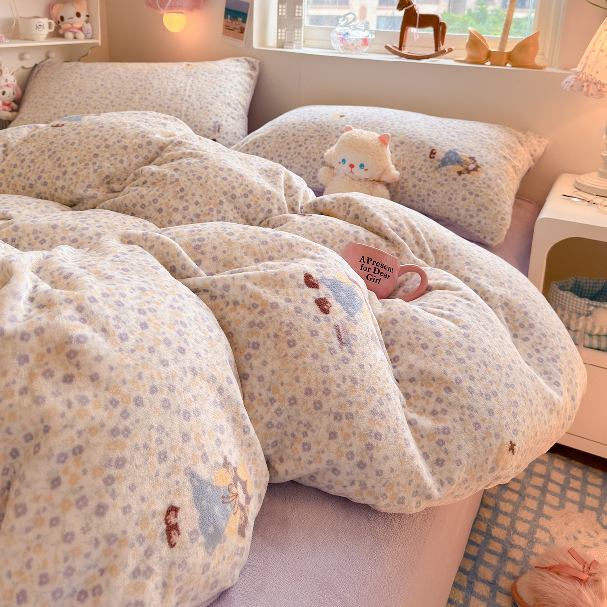 91家纺网 家纺一手货源 找家纺 罗亿家纺 2025新款ins小清新少女奶油卡通可爱加厚200克牛奶绒四件套【3.6公斤】（小红书推荐） 楠笙