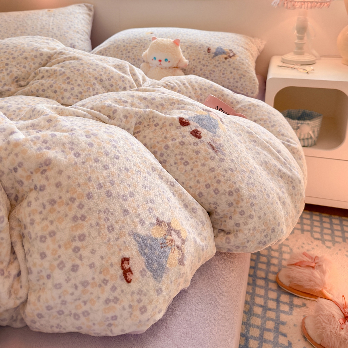 91家纺网 家纺一手货源 找家纺 罗亿家纺 2025新款ins小清新少女奶油卡通可爱加厚200克牛奶绒四件套【3.6公斤】（小红书推荐） 楠笙