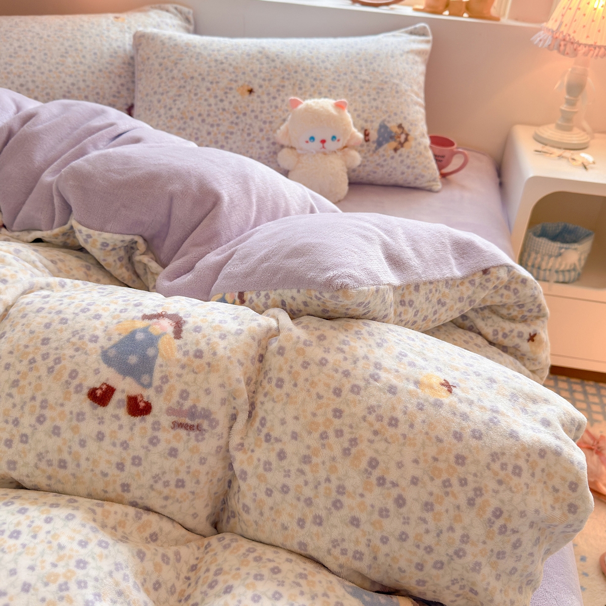 91家纺网 家纺一手货源 找家纺 罗亿家纺 2025新款ins小清新少女奶油卡通可爱加厚200克牛奶绒四件套【3.6公斤】（小红书推荐） 楠笙