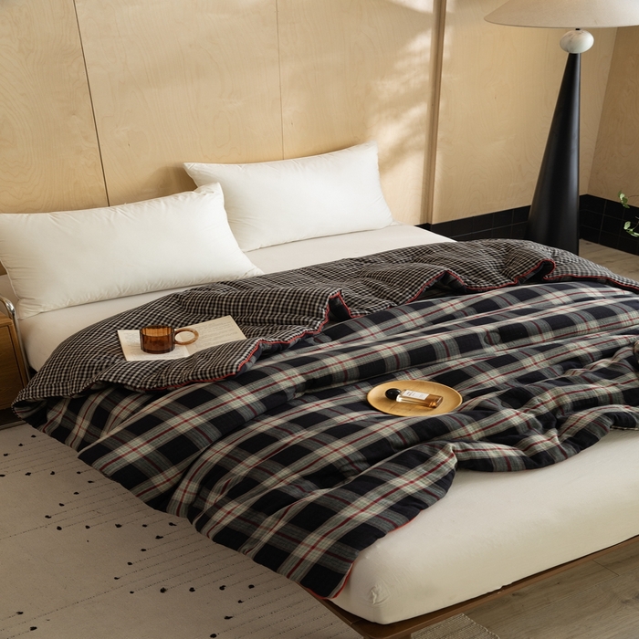 91家纺网 家纺一手货源 找家纺 棉小二-2025新款全棉色织提花被 黑大格