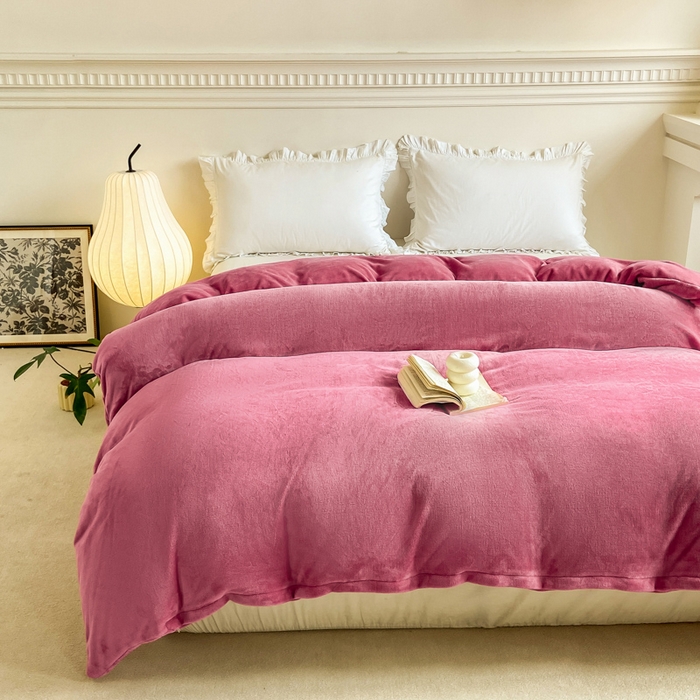 91家纺网 家纺一手货源 找家纺 富馨莱 2025新款牛奶绒纯色双拼被套 绒樱花粉