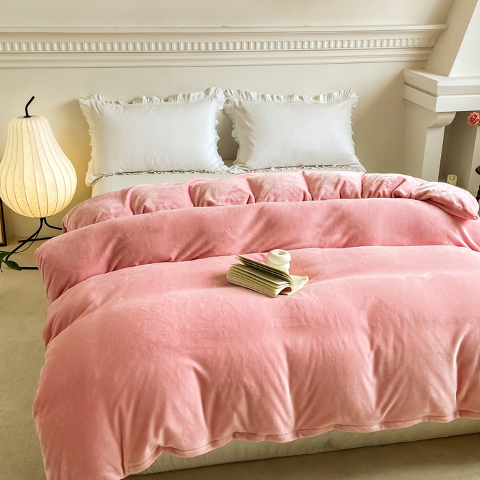 91家纺网 家纺一手货源 找家纺 富馨莱 2025新款牛奶绒纯色双拼被套 绒樱花粉