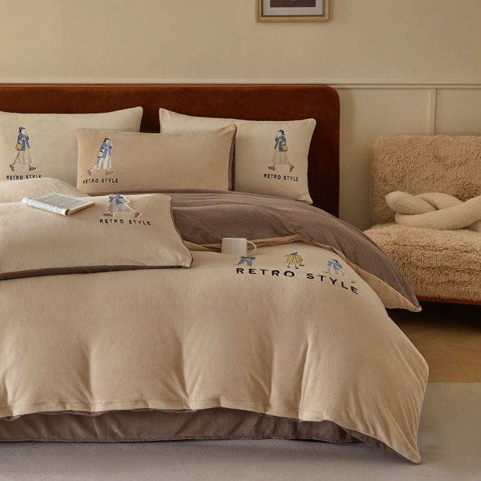 91家纺网 家纺一手货源 找家纺 ONE TWO ONE 121 新品【牛奶绒刺绣四件套】2025毛毯被子四件套单件床单被套床笠珊瑚绒牛奶绒冬被法兰绒兔毛绒 baby-棕咖