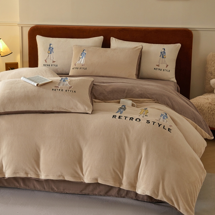 91家纺网 家纺一手货源 找家纺 ONE TWO ONE 121 新品【牛奶绒刺绣四件套】2025毛毯被子四件套单件床单被套床笠珊瑚绒牛奶绒冬被法兰绒兔毛绒 baby-棕咖