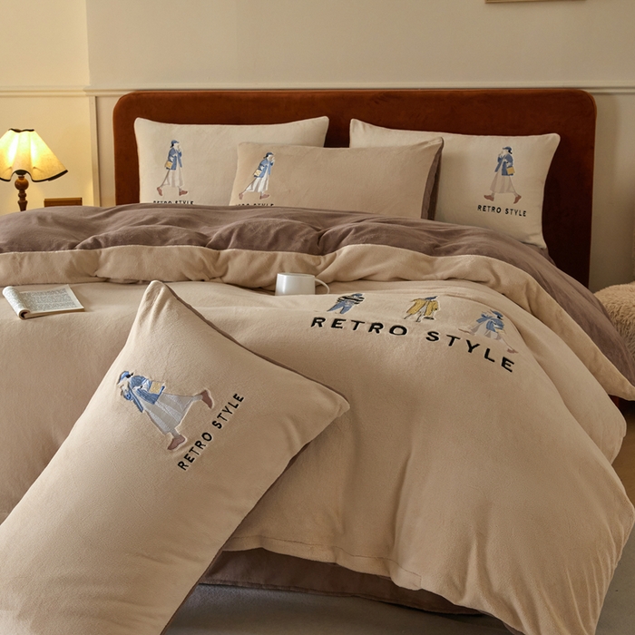 91家纺网 家纺一手货源 找家纺 ONE TWO ONE 121 新品【牛奶绒刺绣四件套】2025毛毯被子四件套单件床单被套床笠珊瑚绒牛奶绒冬被法兰绒兔毛绒 baby-棕咖