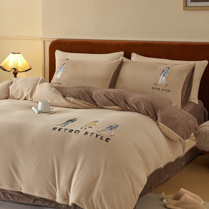 91家纺网 家纺一手货源 找家纺 ONE TWO ONE 121 新品【牛奶绒刺绣四件套】2025毛毯被子四件套单件床单被套床笠珊瑚绒牛奶绒冬被法兰绒兔毛绒 baby-棕咖