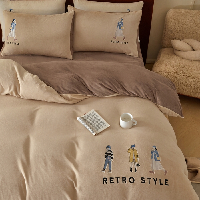 91家纺网 家纺一手货源 找家纺 ONE TWO ONE 121 新品【牛奶绒刺绣四件套】2025毛毯被子四件套单件床单被套床笠珊瑚绒牛奶绒冬被法兰绒兔毛绒 baby-棕咖