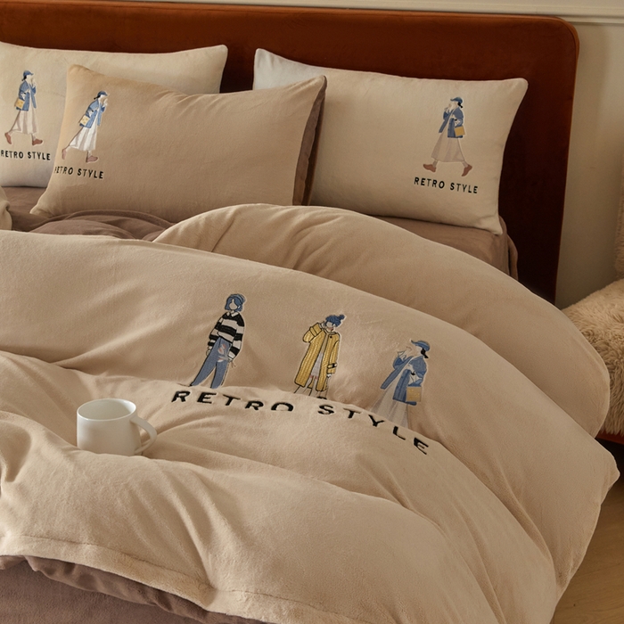 91家纺网 家纺一手货源 找家纺 ONE TWO ONE 121 新品【牛奶绒刺绣四件套】2025毛毯被子四件套单件床单被套床笠珊瑚绒牛奶绒冬被法兰绒兔毛绒 baby-棕咖