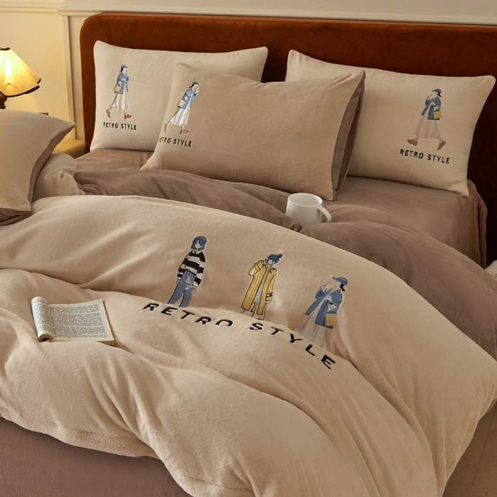 91家纺网 家纺一手货源 找家纺 ONE TWO ONE 121 新品【牛奶绒刺绣四件套】2025毛毯被子四件套单件床单被套床笠珊瑚绒牛奶绒冬被法兰绒兔毛绒 baby-棕咖