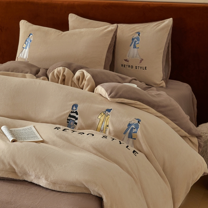 91家纺网 家纺一手货源 找家纺 ONE TWO ONE 121 新品【牛奶绒刺绣四件套】2025毛毯被子四件套单件床单被套床笠珊瑚绒牛奶绒冬被法兰绒兔毛绒 baby-棕咖