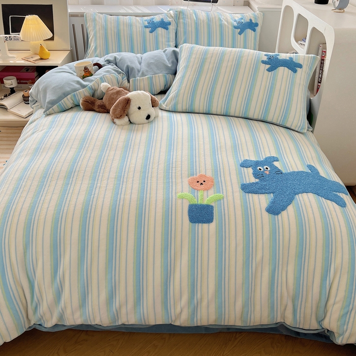 91家纺网 家纺一手货源 找家纺 雅居纺家纺 2025新款加厚牛奶绒毛巾绣卡通四件套 花盆小狗