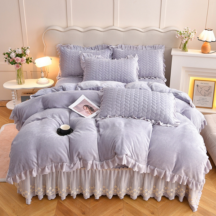 91家纺网 家纺一手货源 找家纺 铠畅家纺 2025新款丰眠系列牛奶绒床盖四件套 丰眠-灰紫