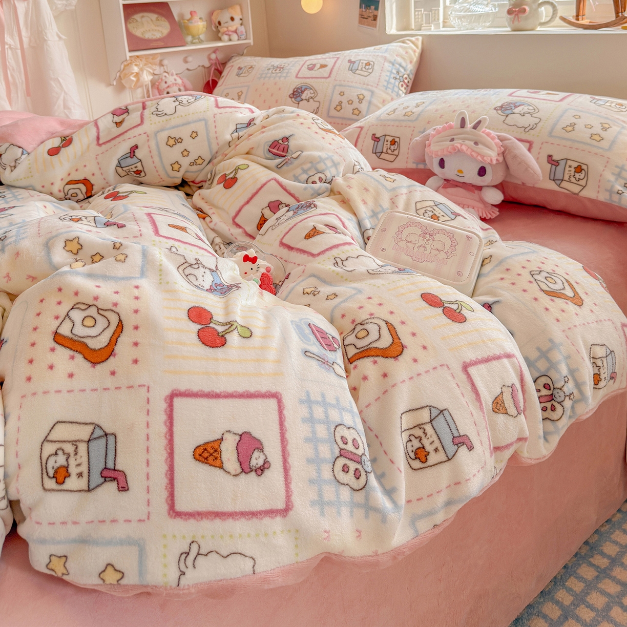 91家纺网 家纺一手货源 找家纺 罗亿家纺 2025新款ins小清新少女奶油卡通可爱加厚200克牛奶绒四件套【3.6公斤】（小红书推荐） 甜品屋