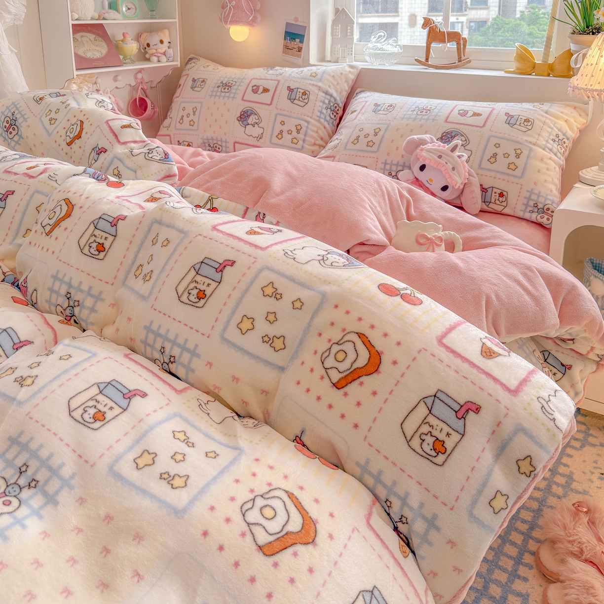 91家纺网 家纺一手货源 找家纺 罗亿家纺 2025新款ins小清新少女奶油卡通可爱加厚200克牛奶绒四件套【3.6公斤】（小红书推荐） 甜品屋