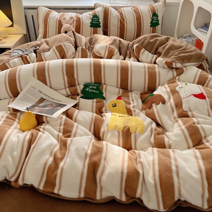 91家纺网 家纺一手货源 找家纺 雅居纺家纺 2025新款加厚牛奶绒毛巾绣卡通四件套 小羊坨