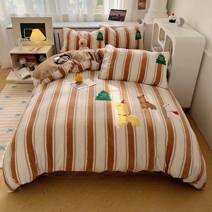 雅居纺家纺 2025新款加厚牛奶绒毛巾绣卡通四件套 小羊坨