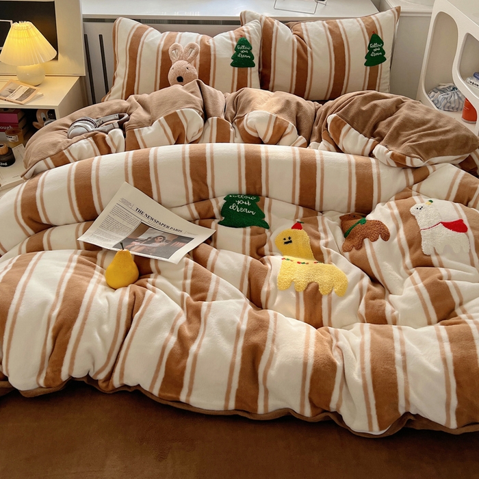 91家纺网 家纺一手货源 找家纺 雅居纺家纺 2025新款加厚牛奶绒毛巾绣卡通四件套 小羊坨