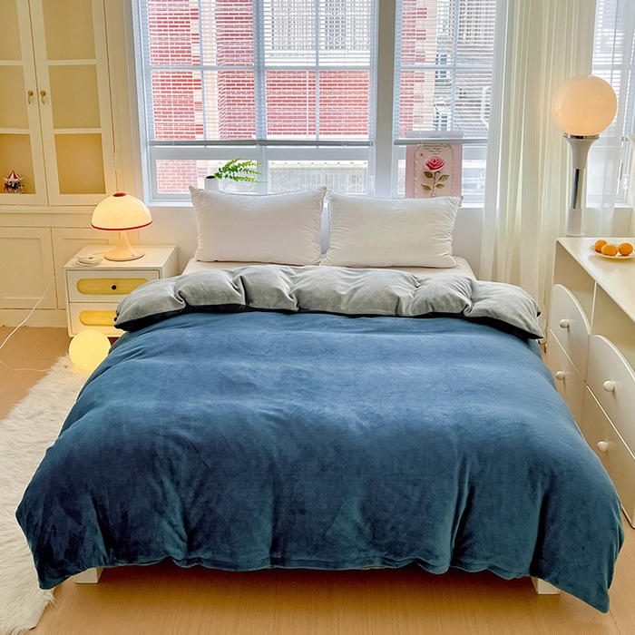 富馨莱 2025新款牛奶绒纯色双拼被套 双拼宝石蓝+绅士灰